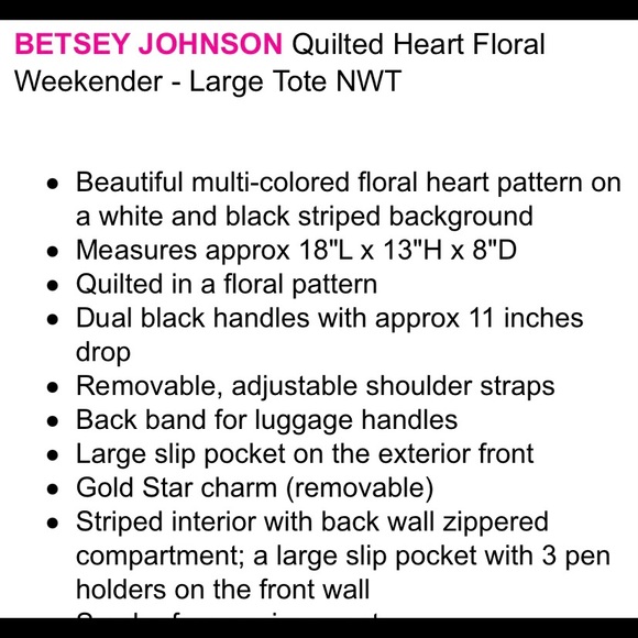 Betsy Johnson quilted black and white stripes with Purple Hearts weekender 18/13 - Picture 16 of 16